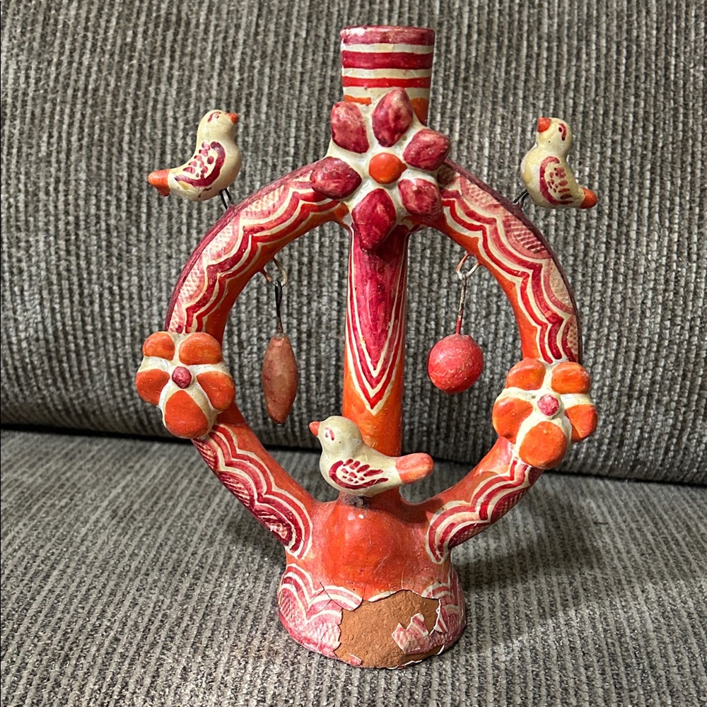 Handcrafted Red and Orange Ceramic Sculpture. Tree of Life Made in Mexico